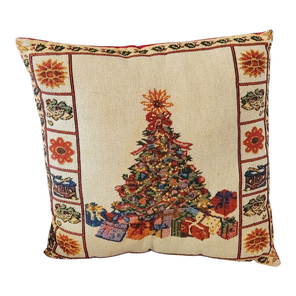 Tapestry Christmas Tree‎ Pillow Cover Festive Holiday Decor Cream Red Accent